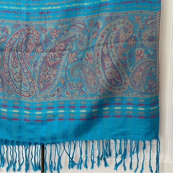 Pashmina Bright Blue with Purple Paisley Fringe Shawl Wrap Scarf - Picture 2 of 5